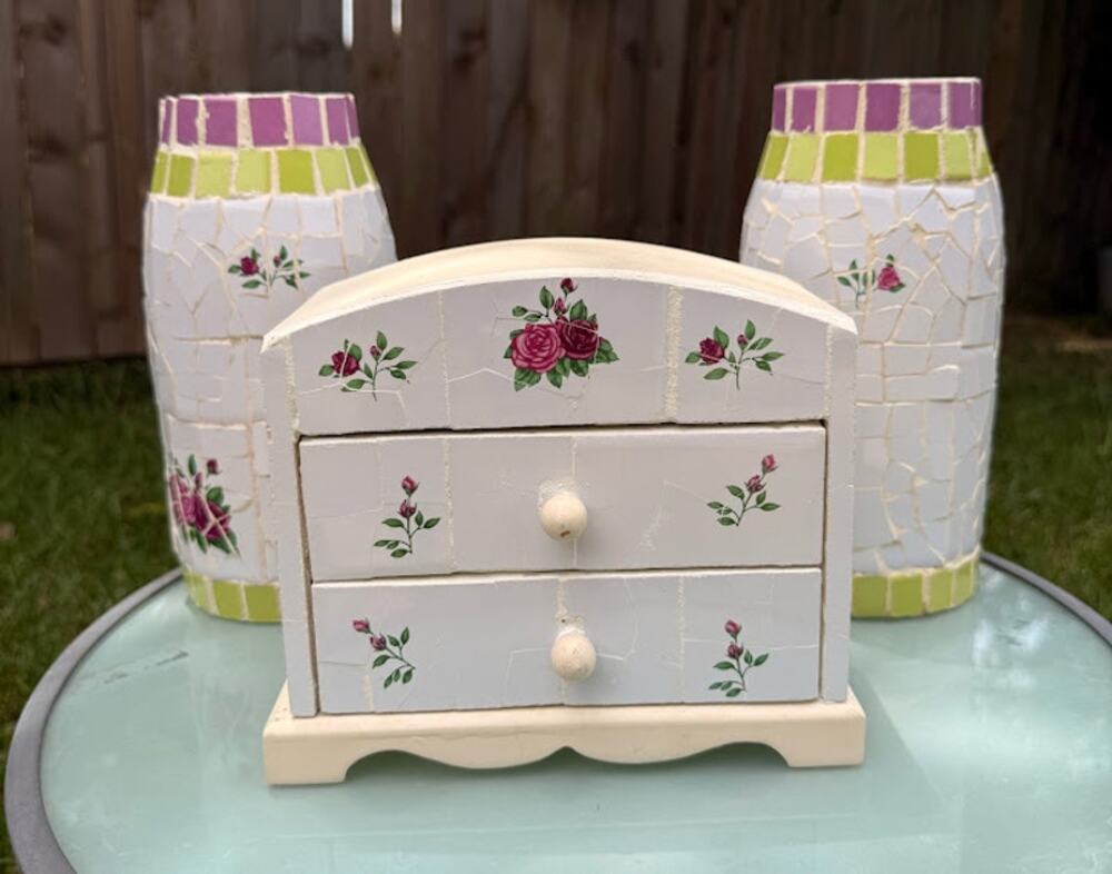 Vintage Mosaic Vases & Jewelry Box Set Floral Cottage Decor